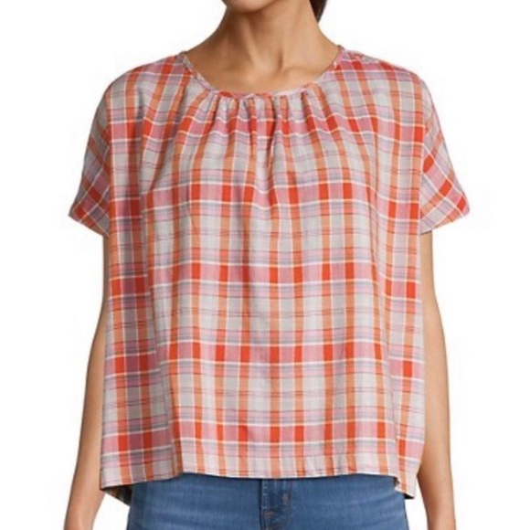 Madewell Plaid Shirred-Neck Boxy Top - Picture 1 of 8
